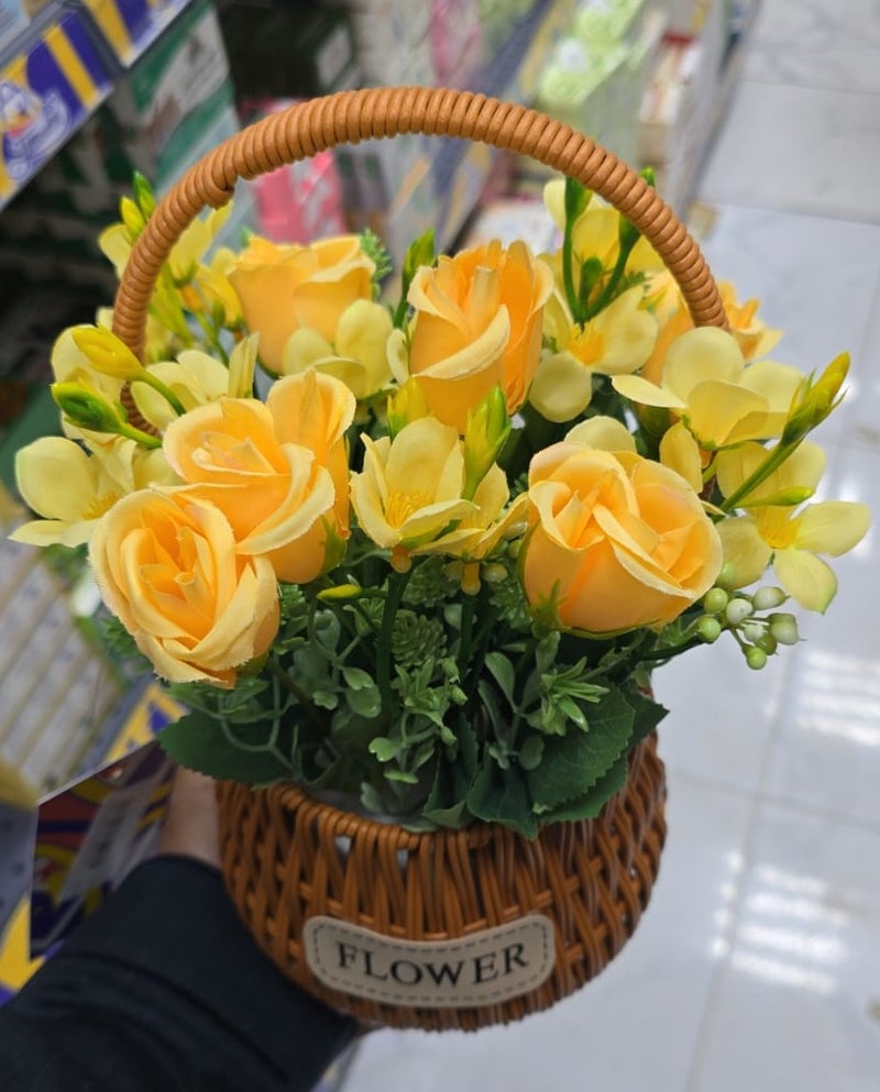 ASHIYANADECORS Artificial Flower Basket for Home, Garden, Office, Wedding Decor (Yellow)